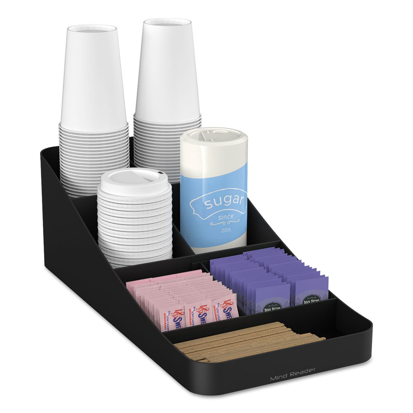 Mind Reader Trove Seven-Compartment Coffee Condiment Organizer, 7.75 x 16 x 5.25, Black (COMP7BLK)