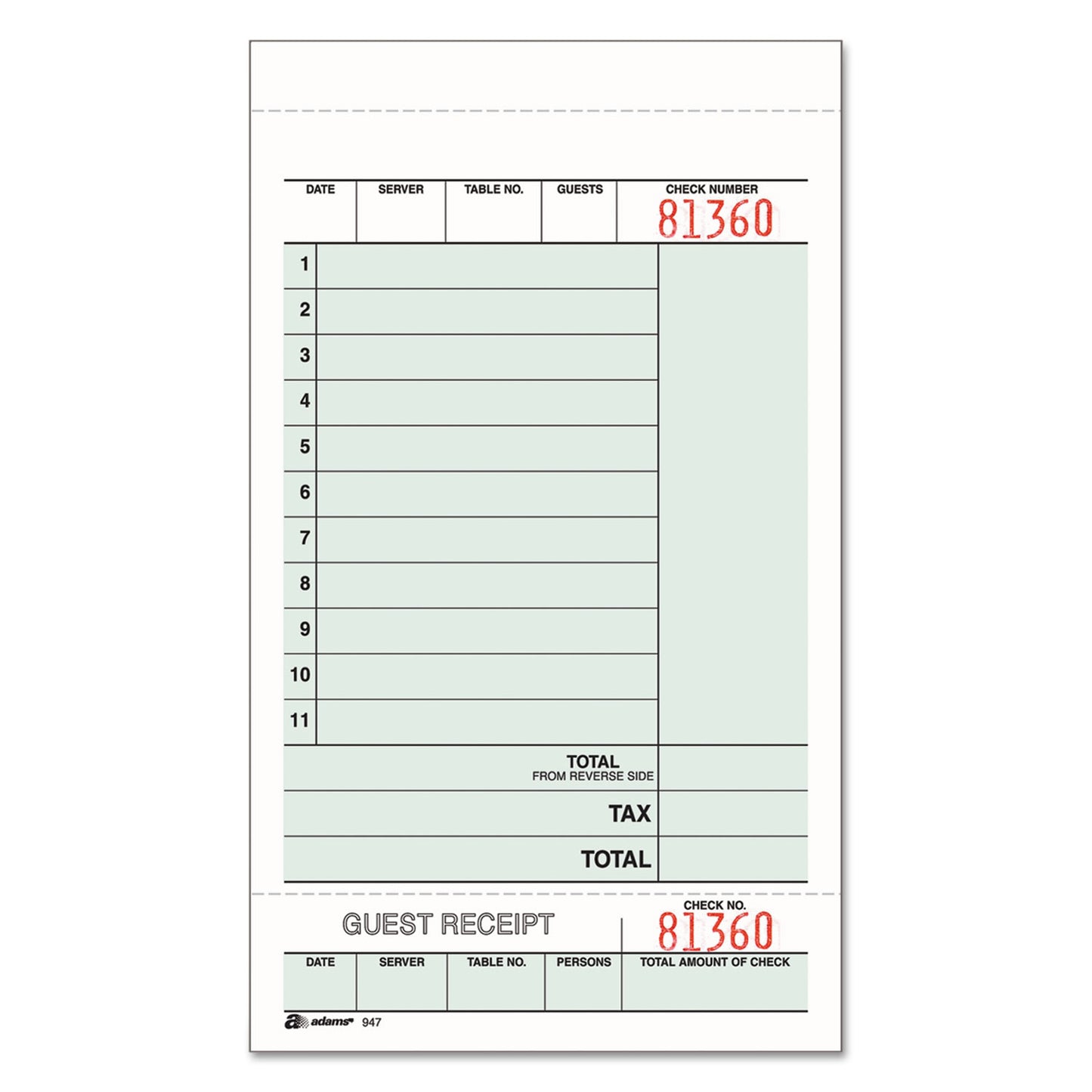 Adams Guest Check Unit Set, Two-Part Carbonless, 6.75 x 4.25, 50 Forms/Pad, 5 Pads/Pack (947SWC)