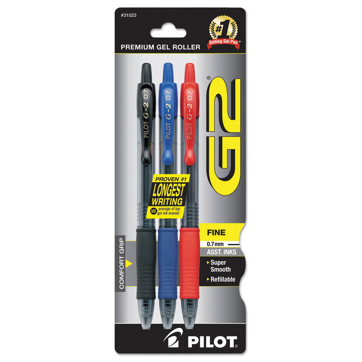 Pilot G2 Premium Gel Pen, Retractable, Fine 0.7 mm, Assorted Ink and Barrel Colors, 3/Pack (31023)