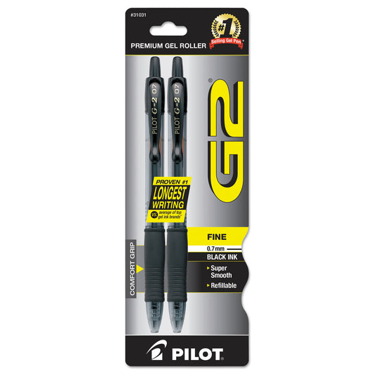 Pilot G2 Premium Gel Pen, Retractable, Fine 0.7 mm, Black Ink, Smoke/Black Barrel, 2/Pack (31031)