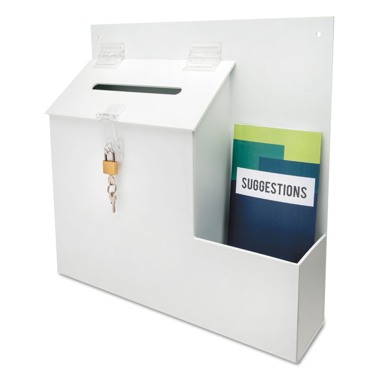 Deflecto Suggestion Box Literature Holder with Locking Top, 13.75 x 3.63 x 13.94, Plastic, White (79803)