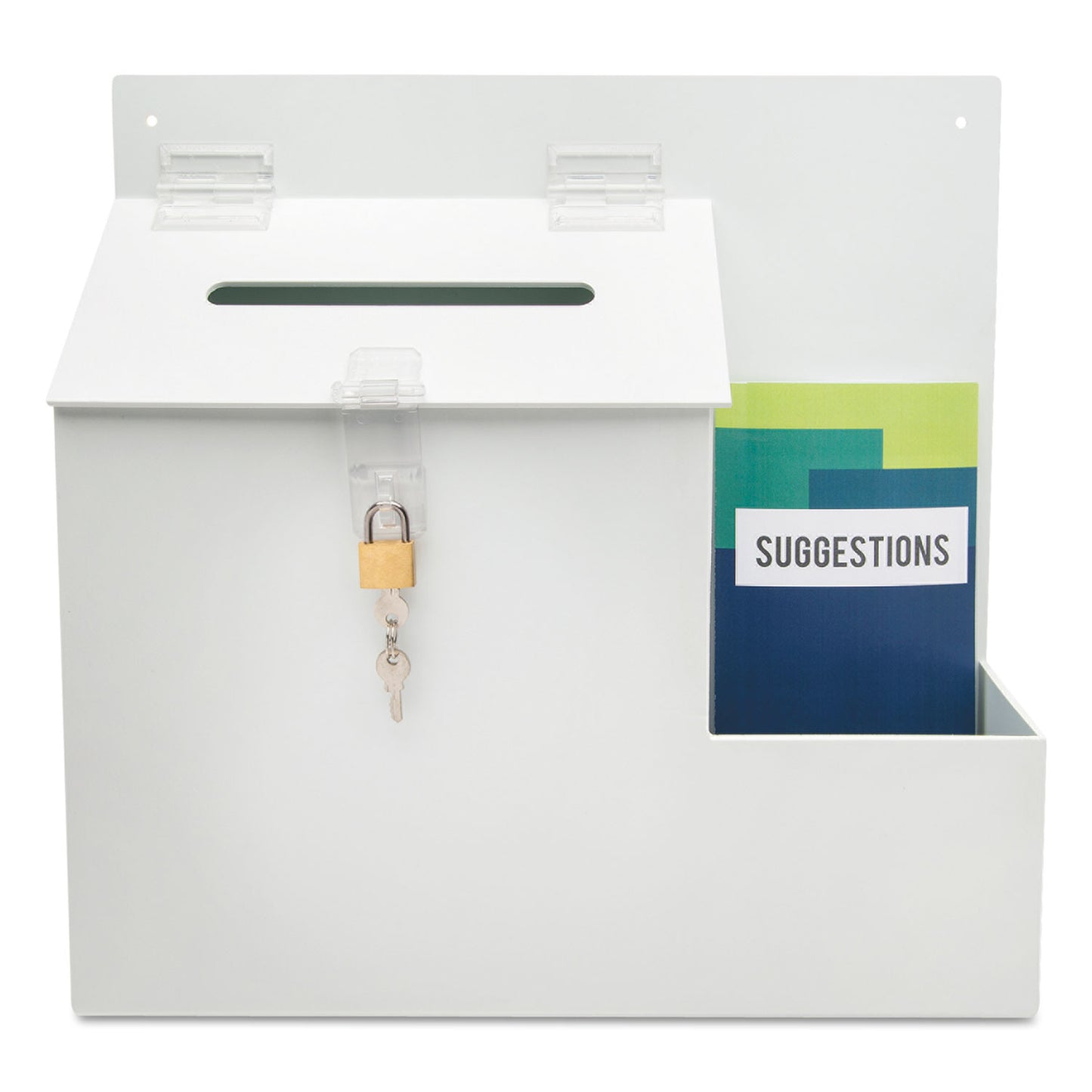 Deflecto Suggestion Box Literature Holder with Locking Top, 13.75 x 3.63 x 13.94, Plastic, White (79803)