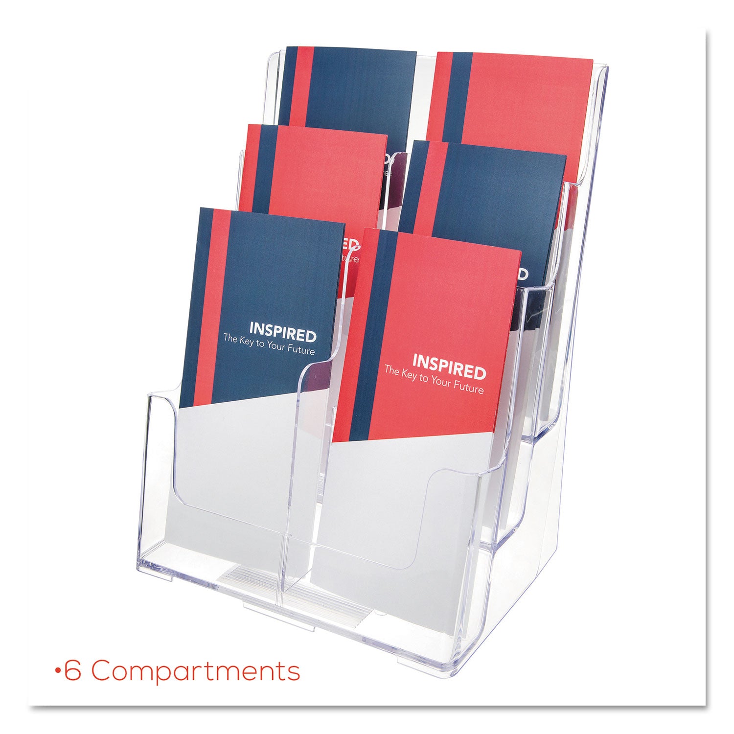 Deflecto 6-Compartment DocuHolder, Leaflet Size, 9.63w x 6.25d x 12.63h, Clear (77401)