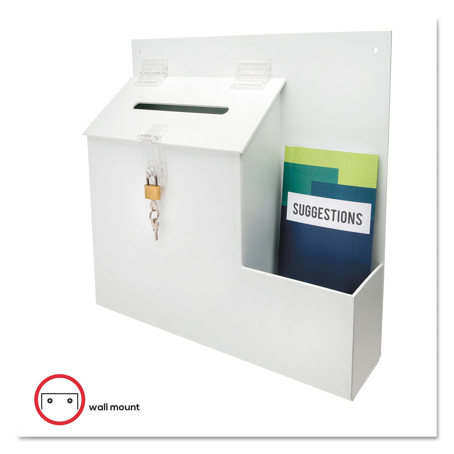 Deflecto Suggestion Box Literature Holder with Locking Top, 13.75 x 3.63 x 13.94, Plastic, White (79803)