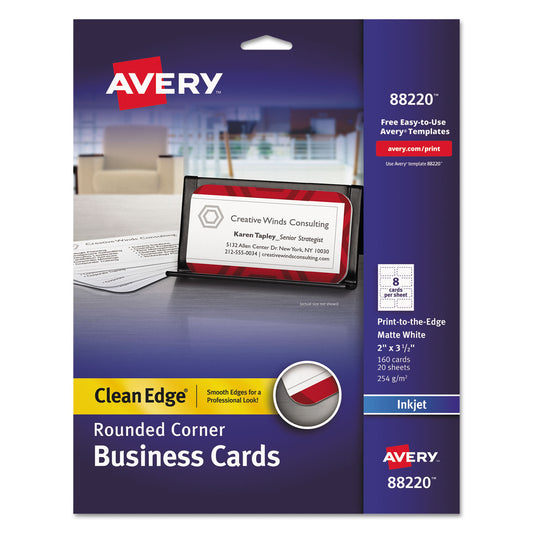 Avery Round Corner Print-to-the-Edge Business Cards, Inkjet, 2 x 3.5, White, 160 Cards, 8 Cards/Sheet, 20 Sheets/Pack (88220)