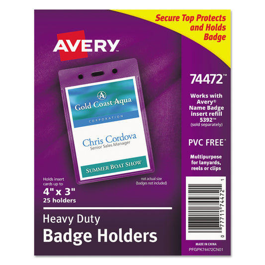 Avery Secure Top Heavy-Duty Badge Holders, Vertical, 3w x 4h, Clear, 25/Pack (74472)