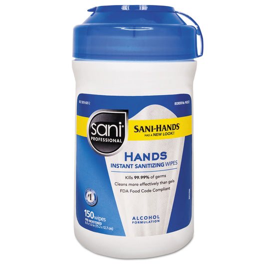 Hands Instant Sanitizing Wipes, 5 x 6, Unscented, White, 150/Canister (P43572EA)