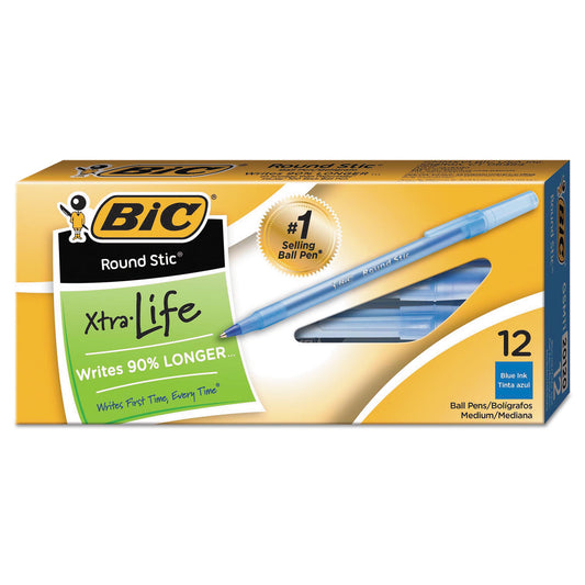 BIC Round Stic Xtra Life Ballpoint Pen, Stick, Medium 1 mm, Blue Ink, Translucent Blue Barrel, Dozen (GSM11BE)