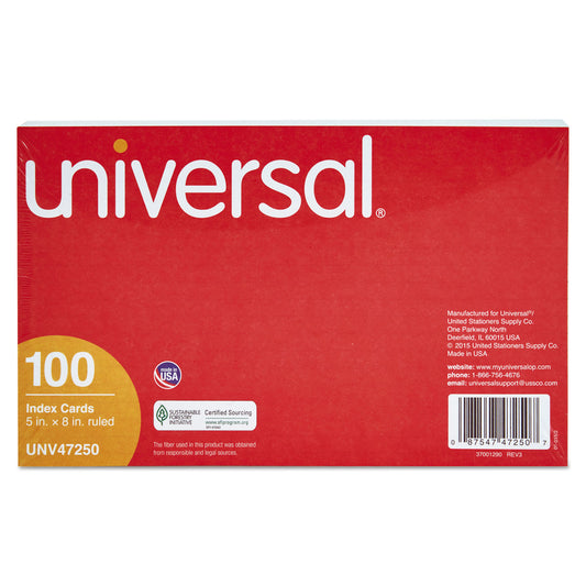 Universal Ruled Index Cards, 5 x 8, White, 100/Pack (47250)