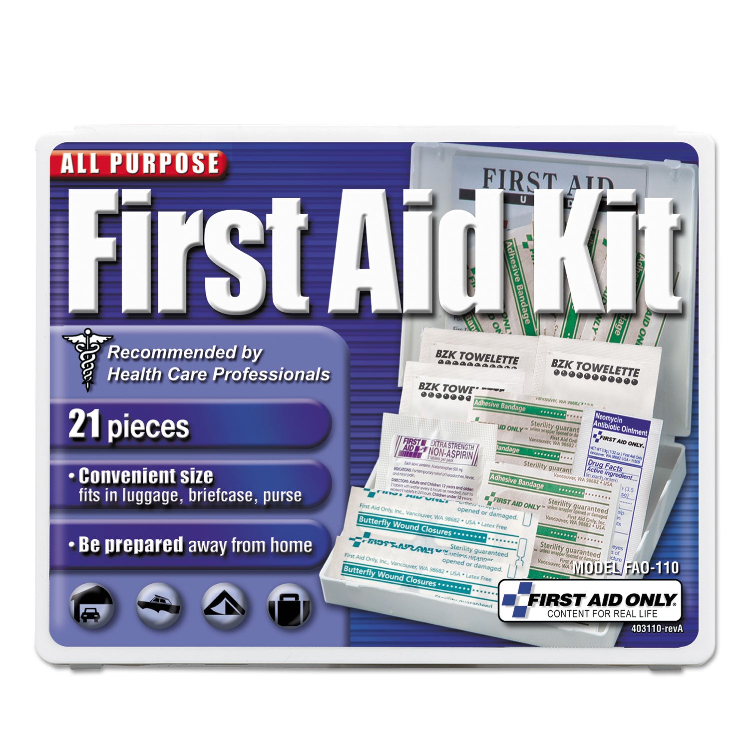 First Aid Only All-Purpose First Aid Kit, 21 Pieces, 4.75 x 3, Plastic Case (110)