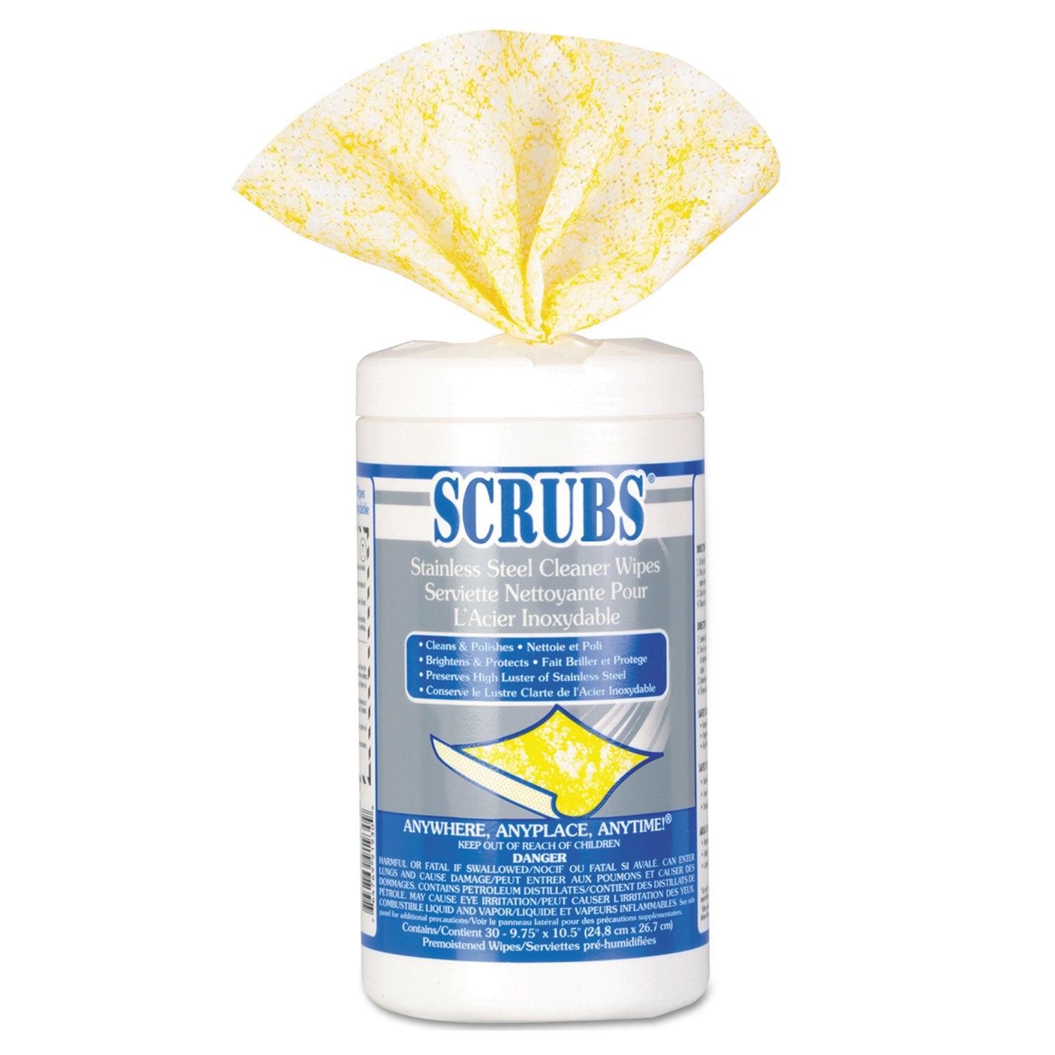 SCRUBS Stainless Steel Cleaner Towels, 1-Ply, 9.75 x 10.5, Lemon Scent, 30/Canister, 6 Canisters/Carton (91930CT)