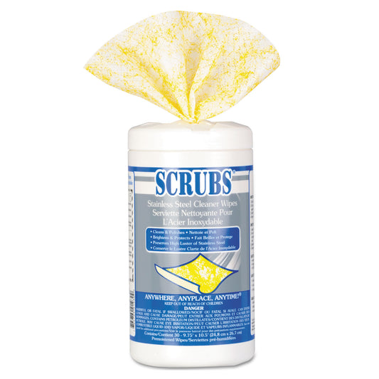 SCRUBS Stainless Steel Cleaner Towels, 1-Ply, 9.75 x 10.5, Lemon Scent, 30/Canister, 6 Canisters/Carton (91930CT)