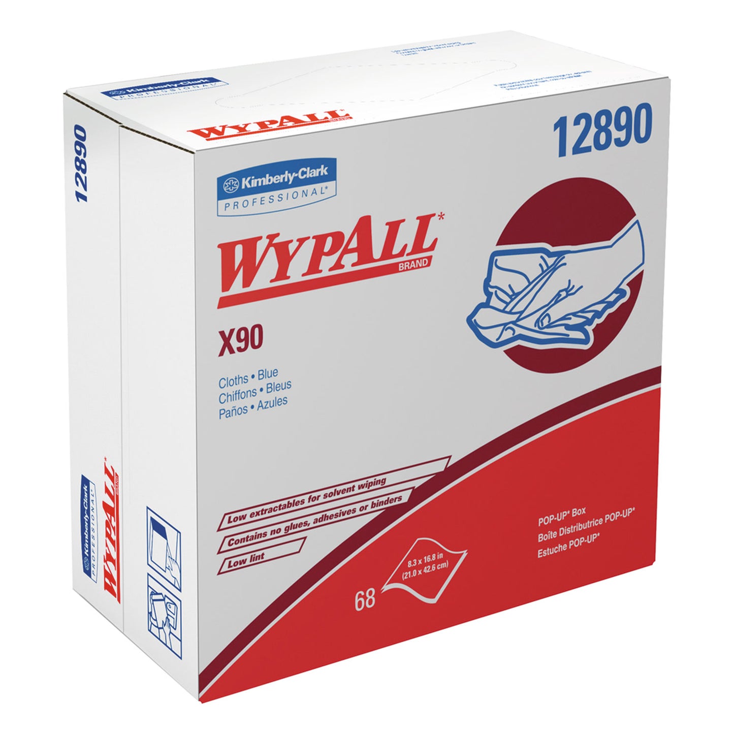 WypAll X90 Cloths, POP-UP Box, 2-Ply, 8.3 x 16.8, Denim Blue, 68/Box, 5 Boxes/Carton (12890)