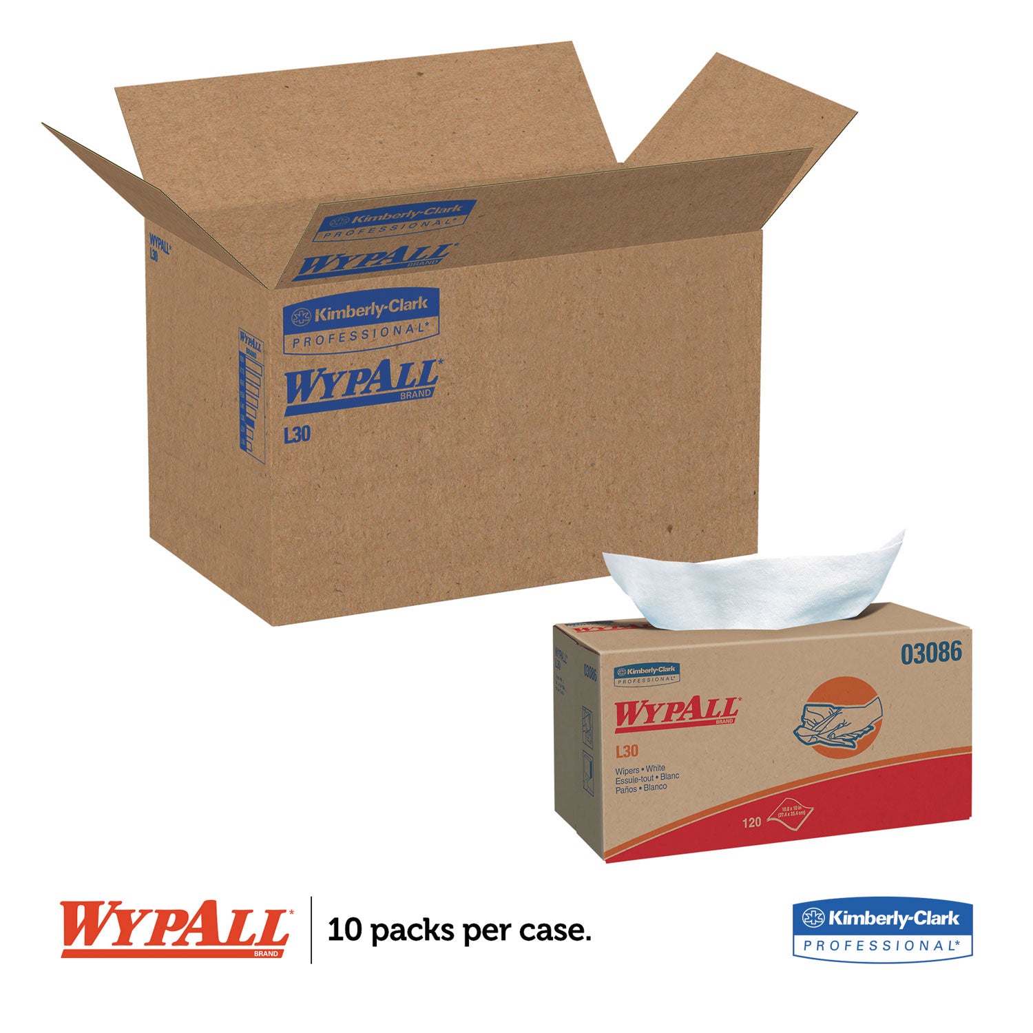 WypAll L30 Towels, POP-UP Box, 10 x 9.8, White, 120/Box, 10 Boxes/Carton (03086)