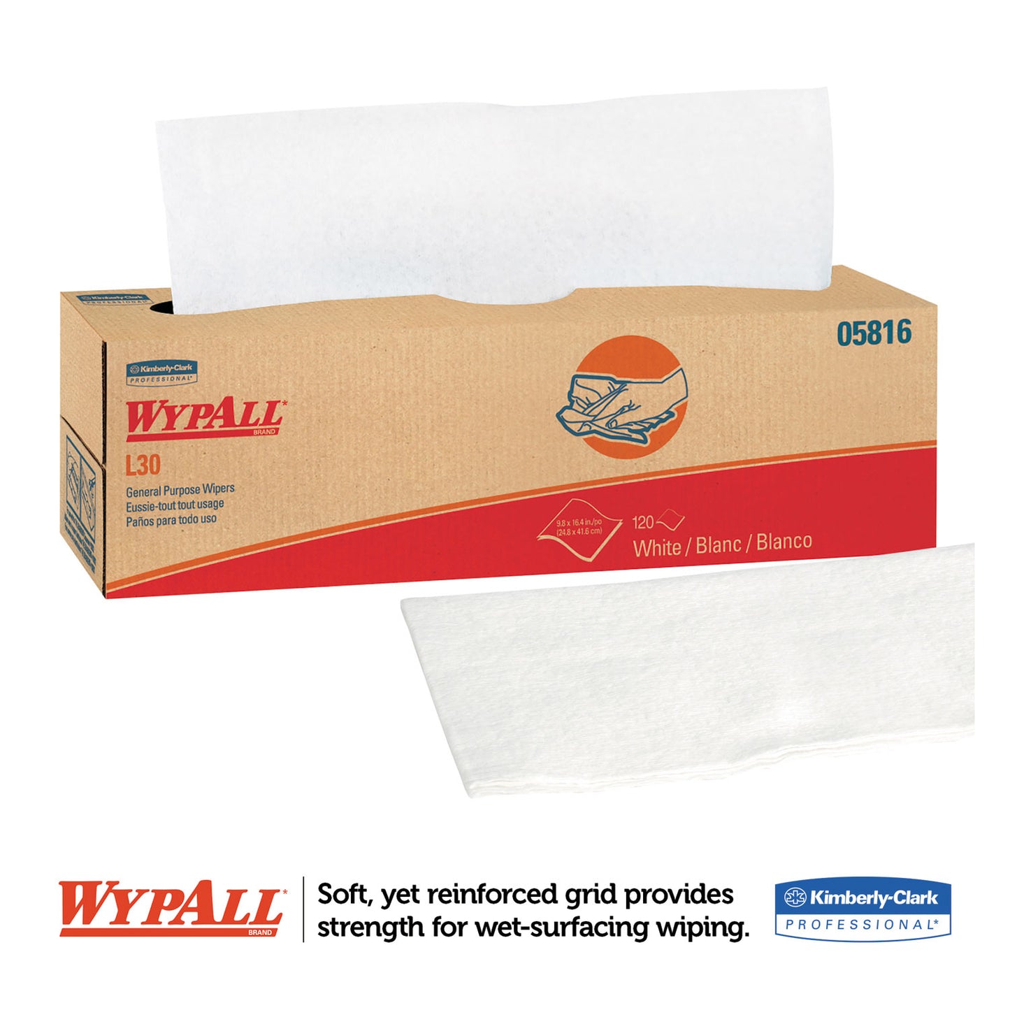 WypAll L30 Towels, POP-UP Box, 9.8 x 16.4, White, 120/Box, 6 Boxes/Carton (05816)