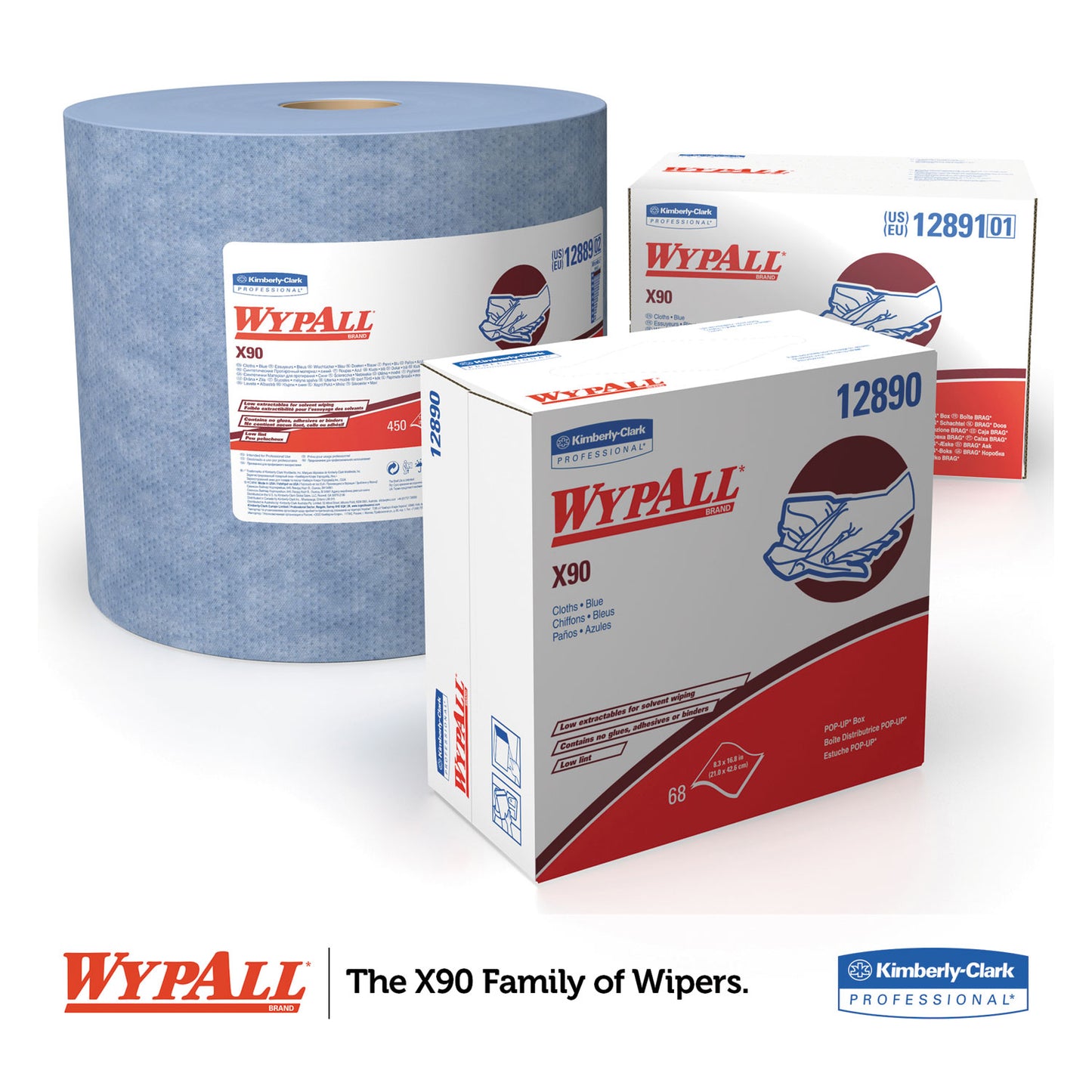 WypAll X90 Cloths, POP-UP Box, 2-Ply, 8.3 x 16.8, Denim Blue, 68/Box, 5 Boxes/Carton (12890)