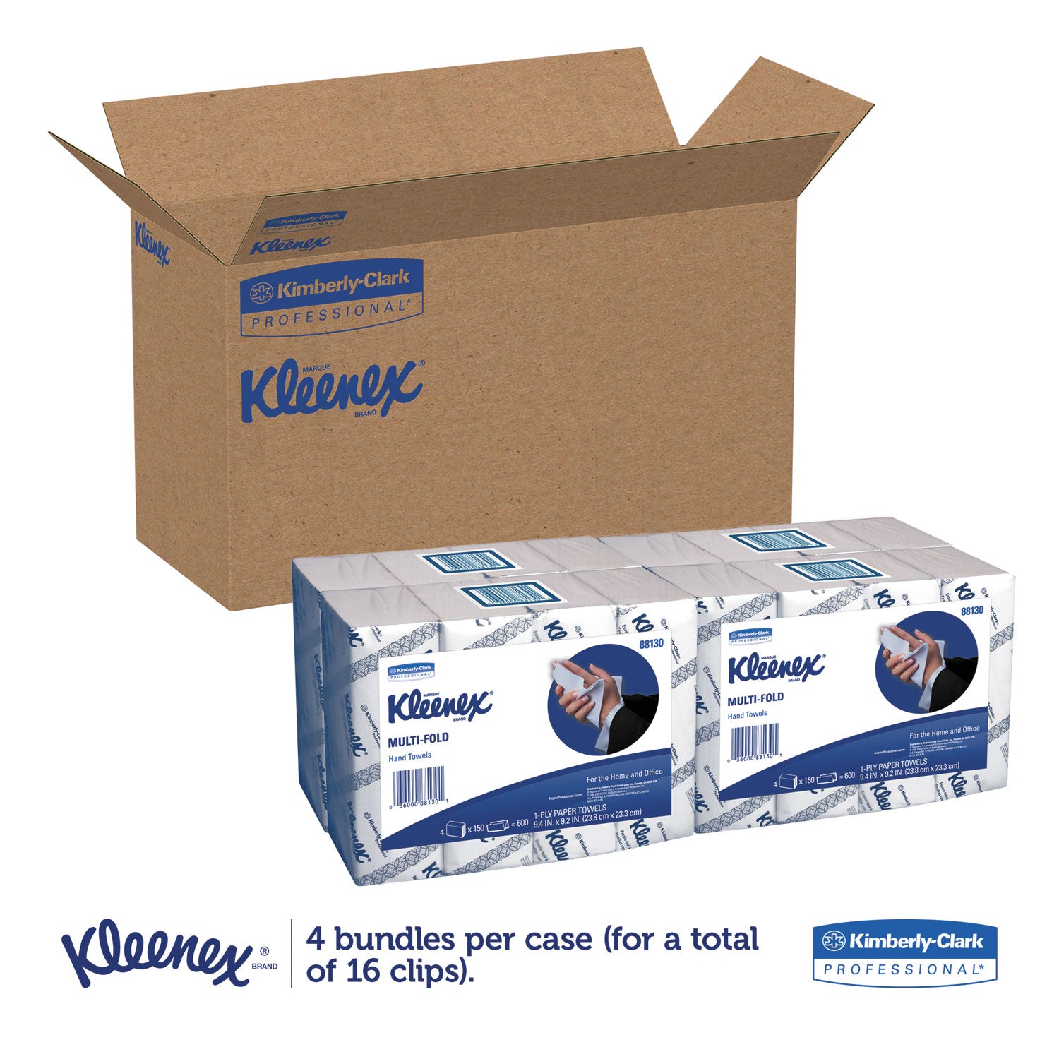 Kleenex Multi-Fold Paper Towels, 4-Pack Bundles, 1-Ply, 9.2 x 9.4, White, 150/Pack, 16 Packs/Carton (88130)