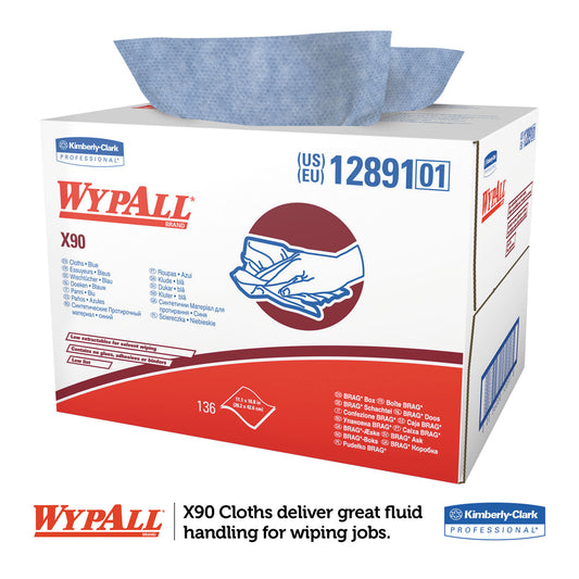 WypAll X90 Cloths, BRAG Box, 2-Ply, 11.1 x 16.8, Denim Blue, 136/Carton (12891)