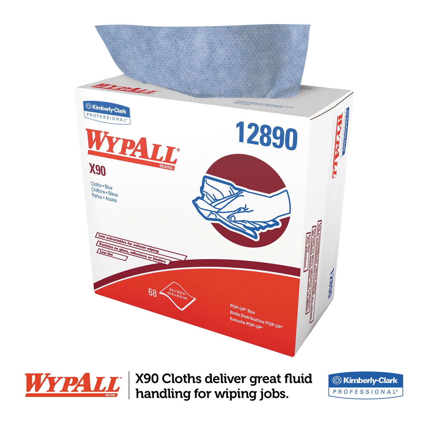 WypAll X90 Cloths, POP-UP Box, 2-Ply, 8.3 x 16.8, Denim Blue, 68/Box, 5 Boxes/Carton (12890)