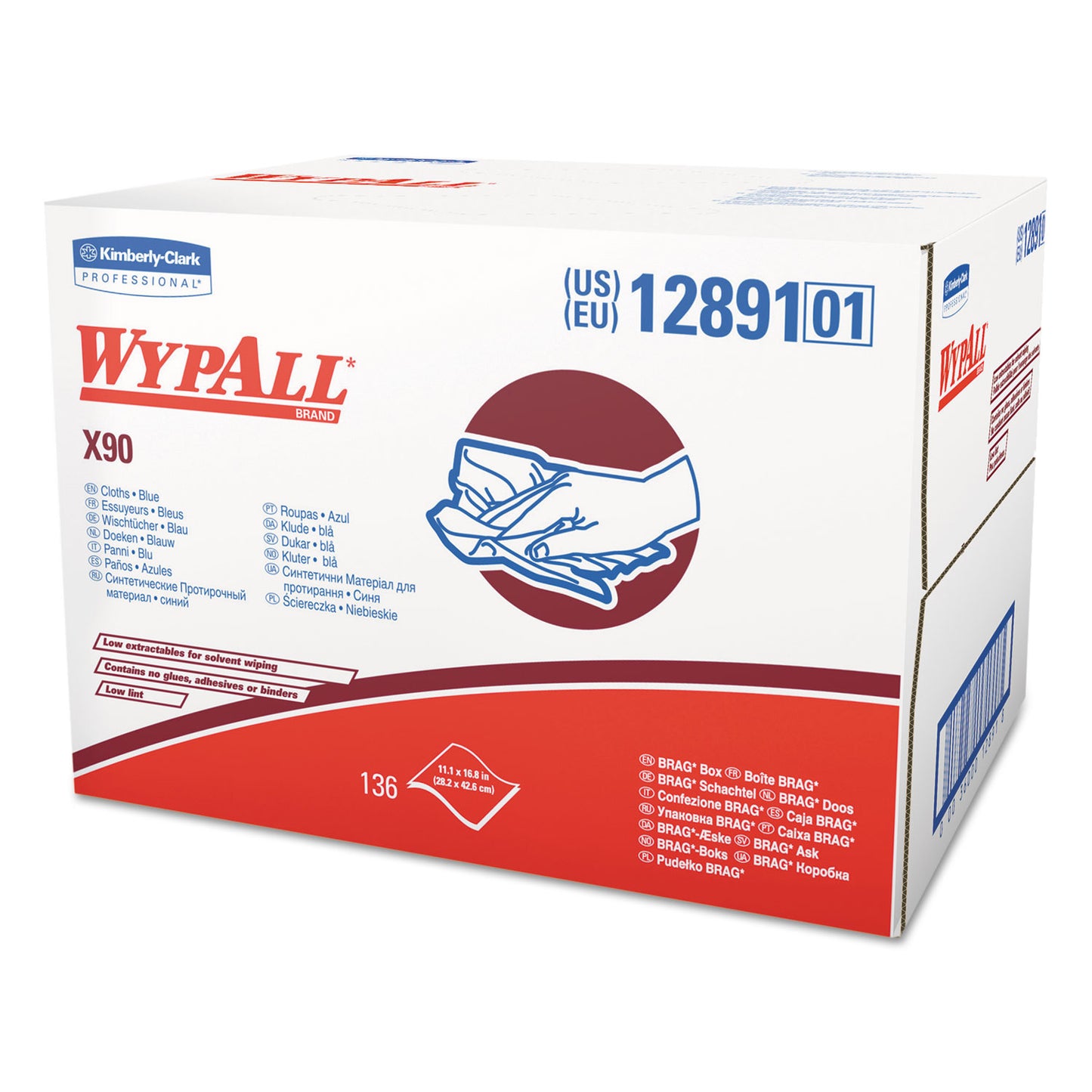 WypAll X90 Cloths, BRAG Box, 2-Ply, 11.1 x 16.8, Denim Blue, 136/Carton (12891)