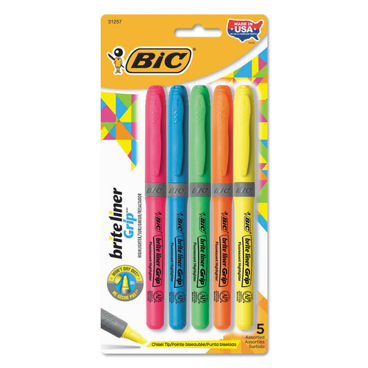 BIC Brite Liner Grip Pocket Highlighter, Assorted Ink Colors, Chisel Tip, Assorted Barrel Colors, 5/Set (GBLP51ASST)