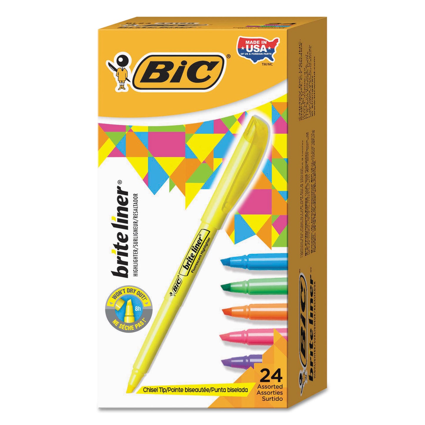 BIC Brite Liner Highlighter Value Pack, Assorted Ink Colors, Chisel Tip, Assorted Barrel Colors, 24/Set (BL241AST)