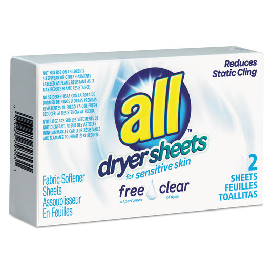 All Free Clear Vend Pack Dryer Sheets, Fragrance Free, 2 Sheets/Box, 100 Box/Carton (2979353)