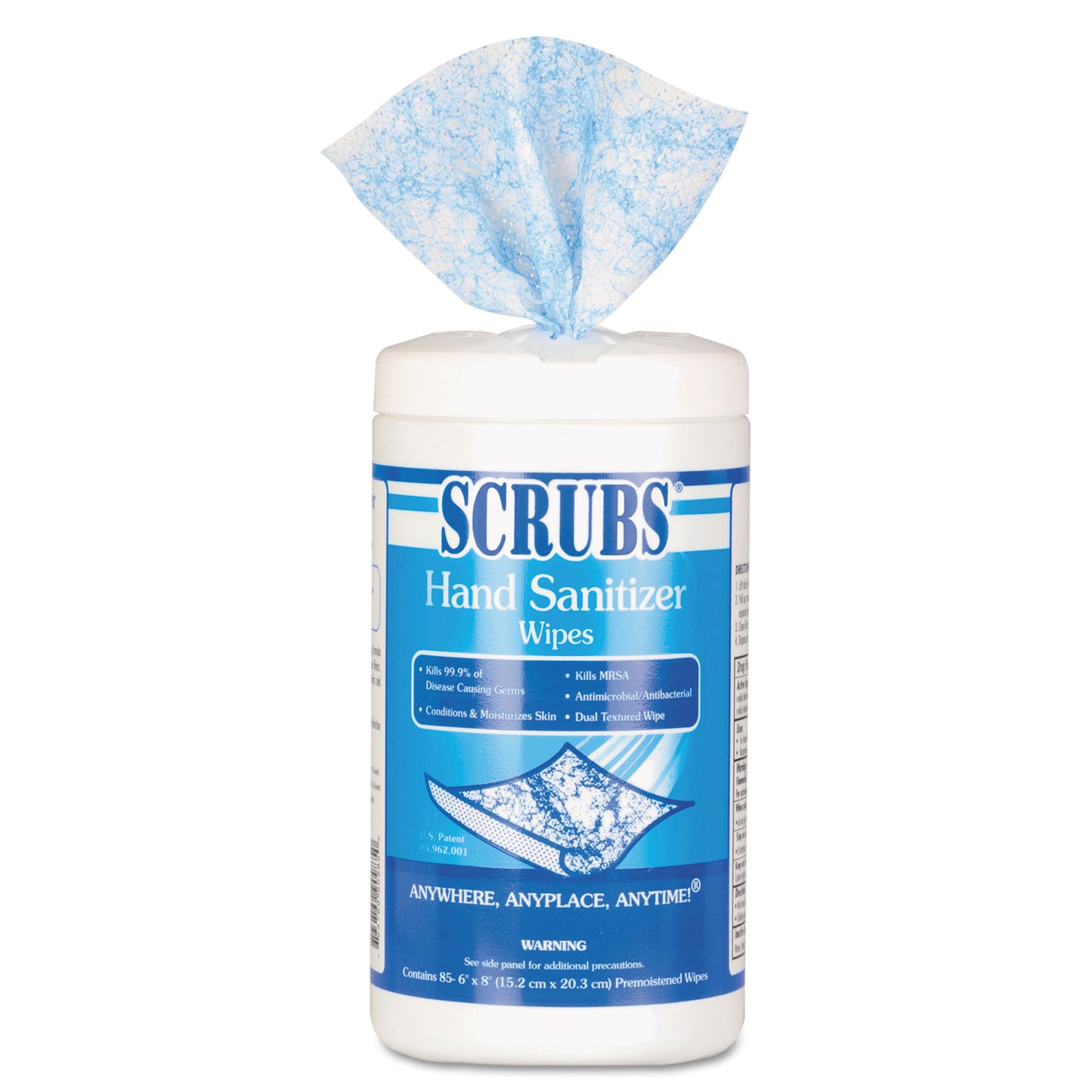 SCRUBS Hand Sanitizer Wipes, 1-Ply, 6 x 8, Unscented, Blue/White, 85/Canisters, 6 Canisters/Carton (90985)