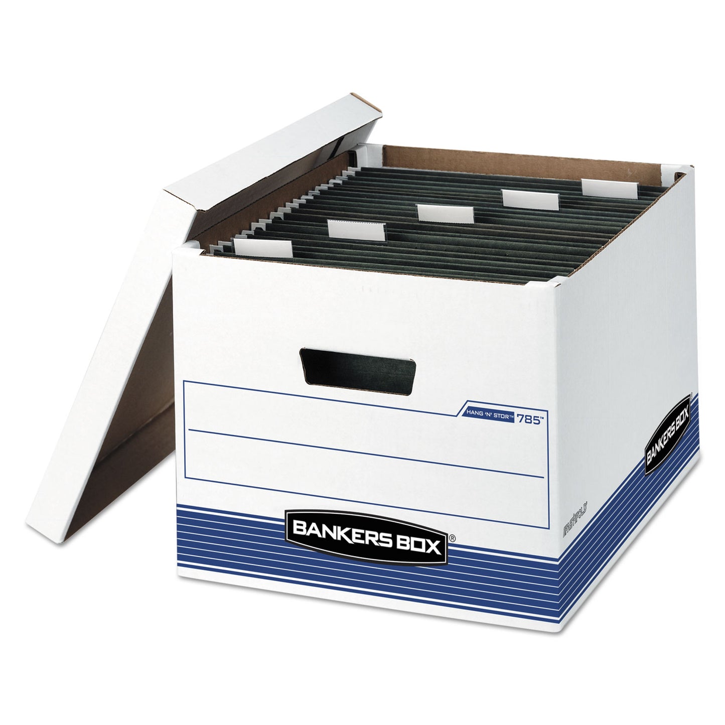 Bankers Box HANG'N'STOR Medium-Duty Storage Boxes, Letter/Legal Files, 13" x 16" x 10.5", White/Blue, 4/Carton (00785)