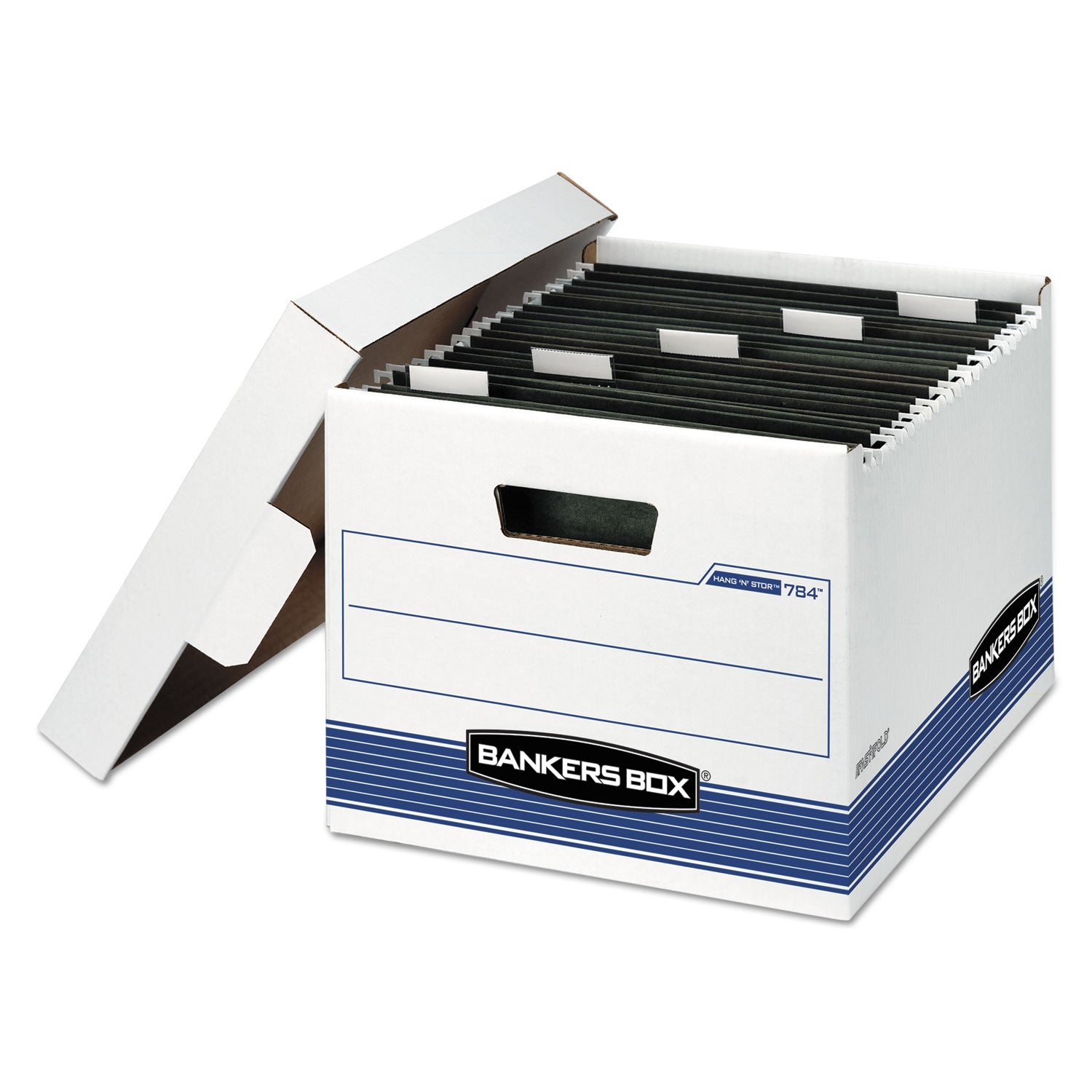 Bankers Box HANG'N'STOR Medium-Duty Storage Boxes, Letter Files, 12.63" x 15.63" x 10", White/Blue, 4/Carton (00784)