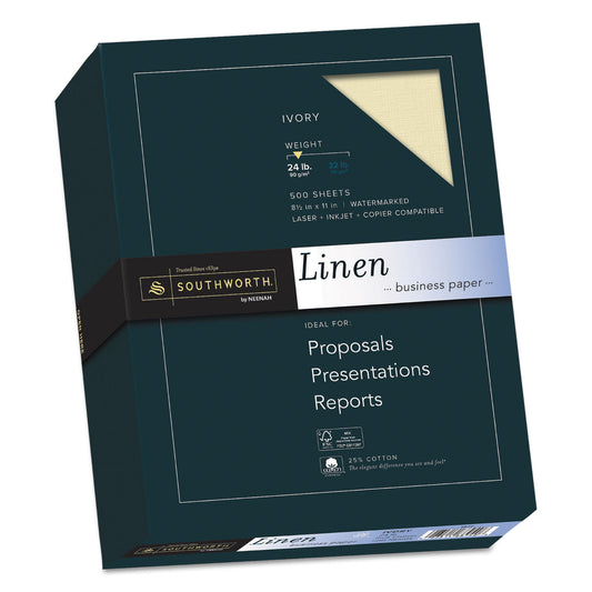 Southworth 25% Cotton Linen Business Paper, 24 lb Bond Weight, 8.5 x 11, Ivory, 500/Ream (564C)