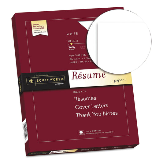 Southworth 100% Cotton Resume Paper, 95 Bright, 24 lb Bond Weight, 8.5 x 11, White, 100/Pack (R14CF)