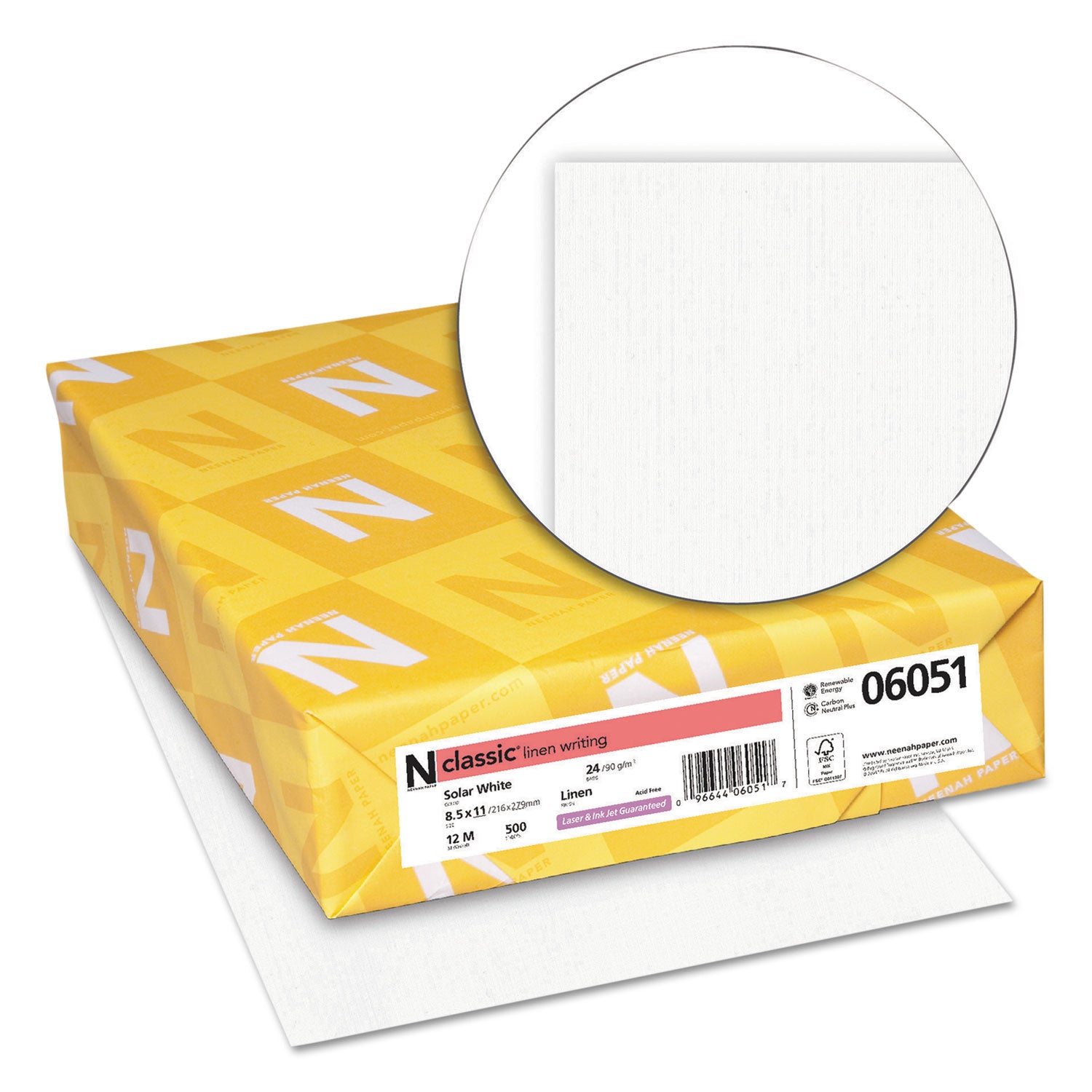 Neenah Paper CLASSIC Linen Stationery, 97 Bright, 24 lb Bond Weight, 8.5 x 11, Solar White, 500/Ream (06051)