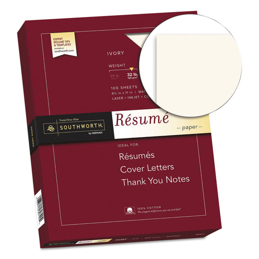 Southworth 100% Cotton Resume Paper, 32 lb Bond Weight, 8.5 x 11, Ivory, 100/Pack (RD18ICF)