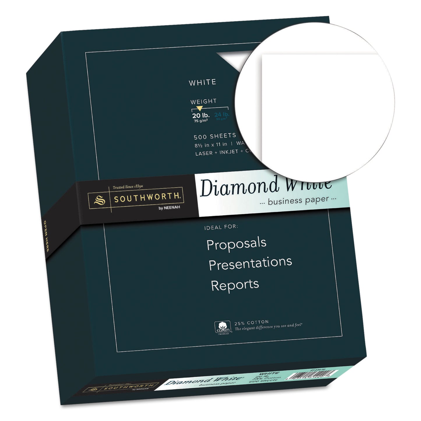 Southworth 25% Cotton Diamond White Business Paper, 95 Bright, 20 lb Bond Weight, 8.5 x 11, 500/Ream (3122010)