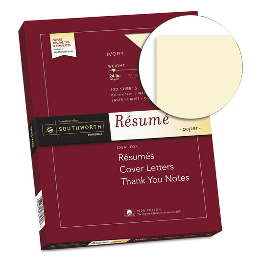 Southworth 100% Cotton Resume Paper, 24 lb Bond Weight, 8.5 x 11, Ivory, 100/Pack (R14ICF)