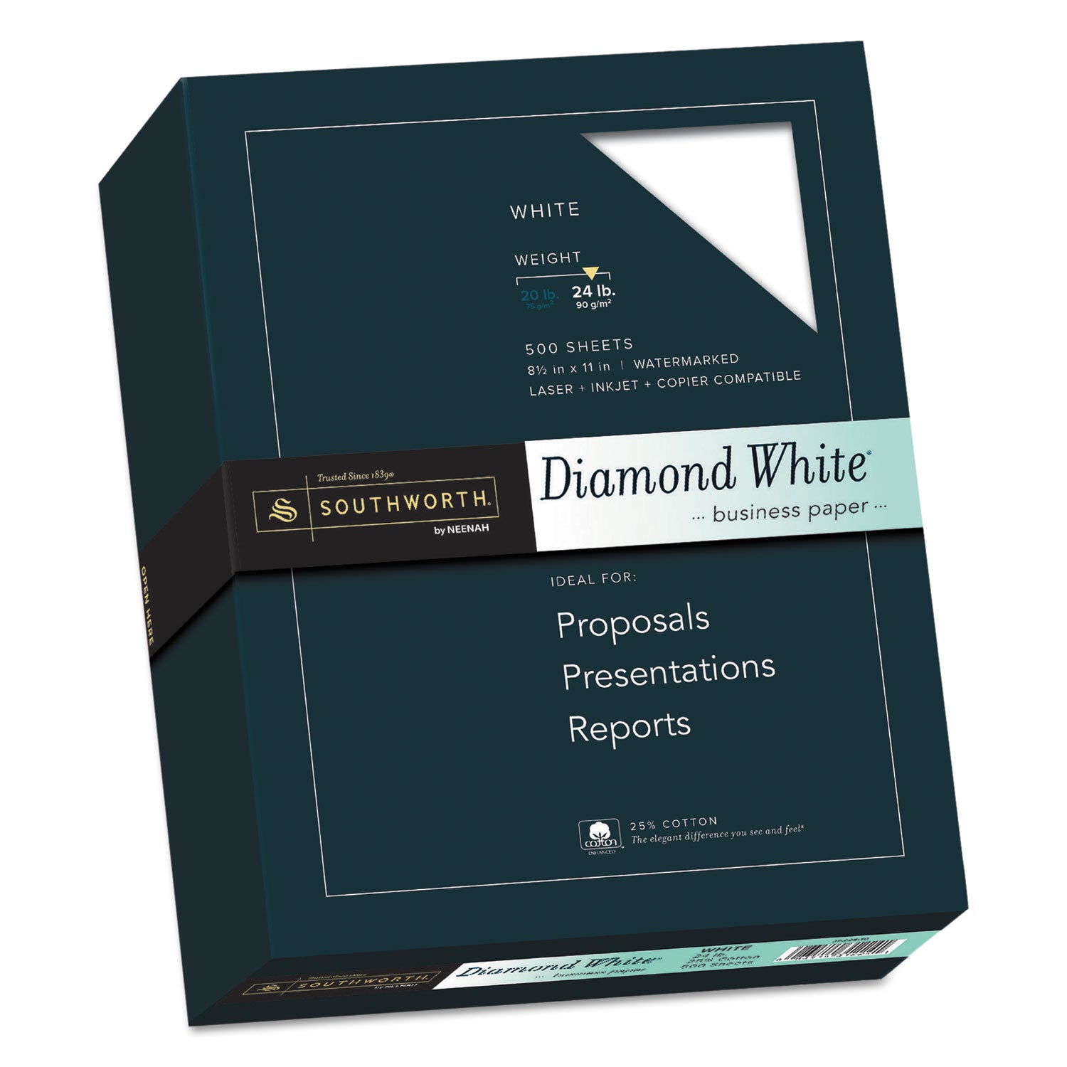 Southworth 25% Cotton Diamond White Business Paper, 95 Bright, 24 lb Bond Weight, 8.5 x 11, 500/Ream (3122410)