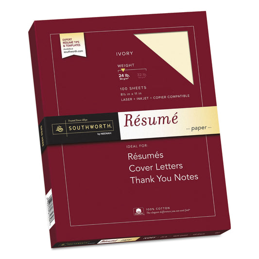 Southworth 100% Cotton Resume Paper, 24 lb Bond Weight, 8.5 x 11, Ivory, 100/Pack (R14ICF)