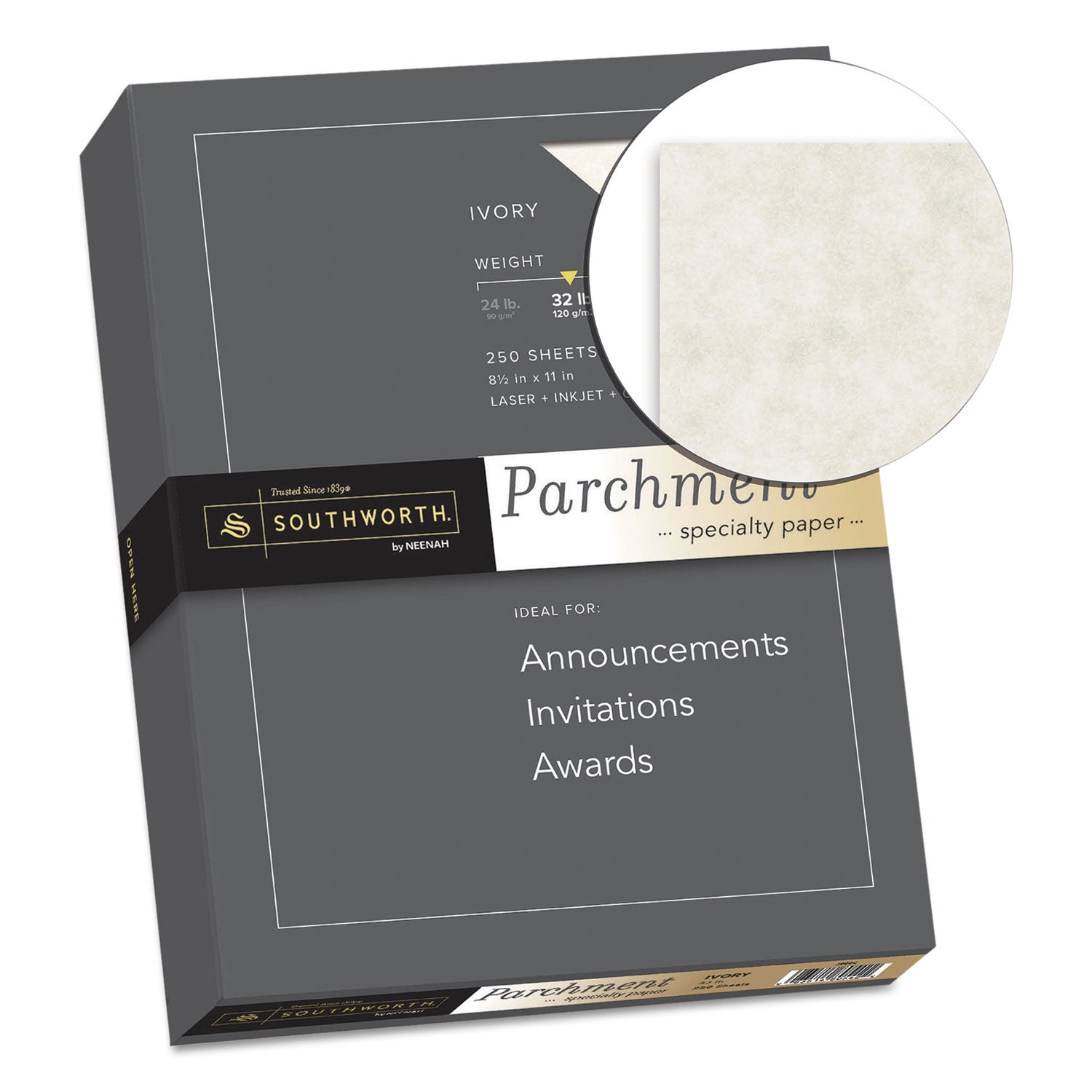 Southworth Parchment Specialty Paper, 32 lb Bond Weight, 8.5 x 11, Ivory, 250/Pack (J988C)