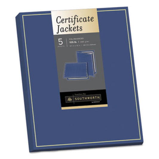 Certificate Jacket, Navy/Gold Border, 88-lb Felt Finish Stock, 12 x 9.5, 5/Pack