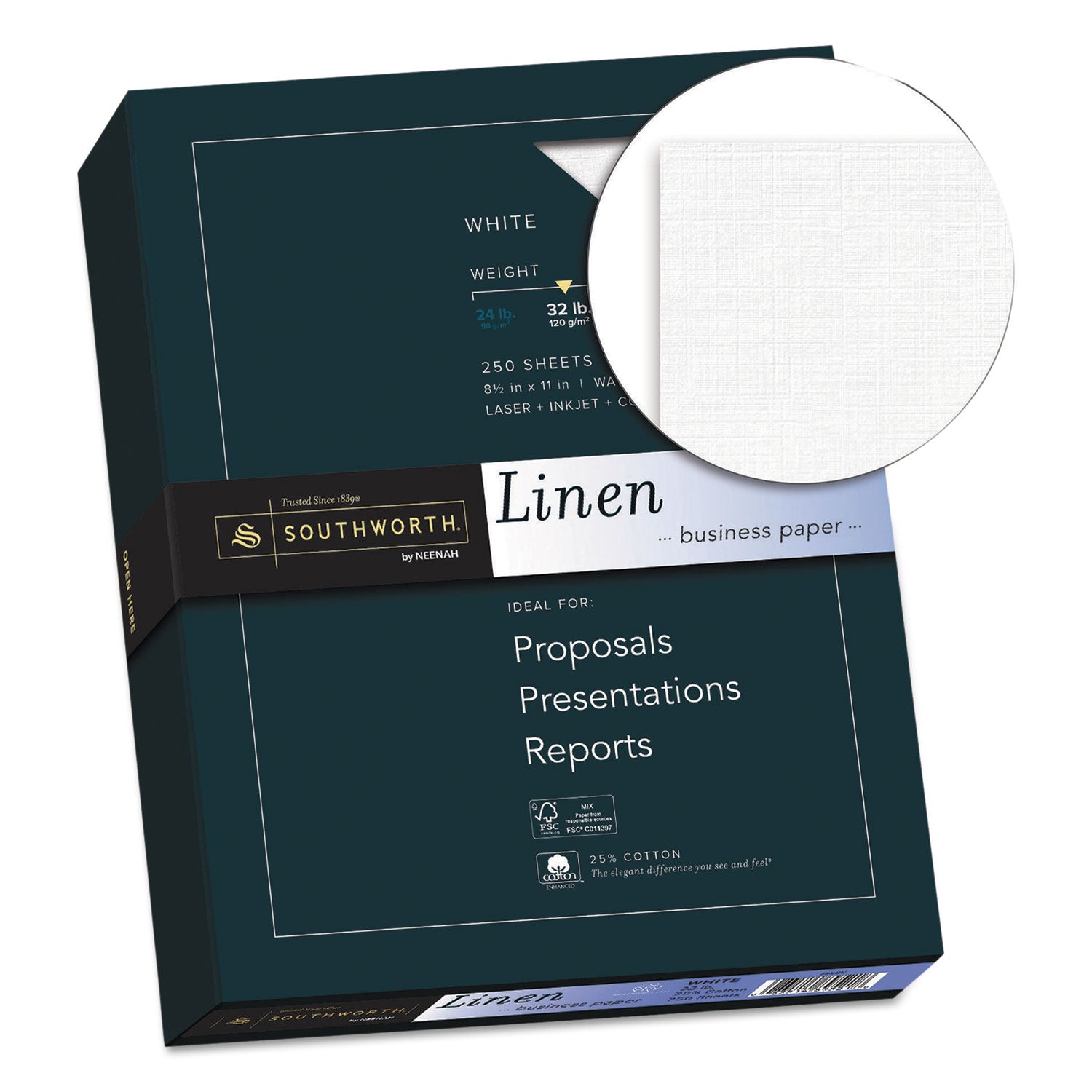 Southworth 25% Cotton Linen Business Paper, 32 lb Bond Weight, 8.5 x 11, White, 250/Pack (J558C)