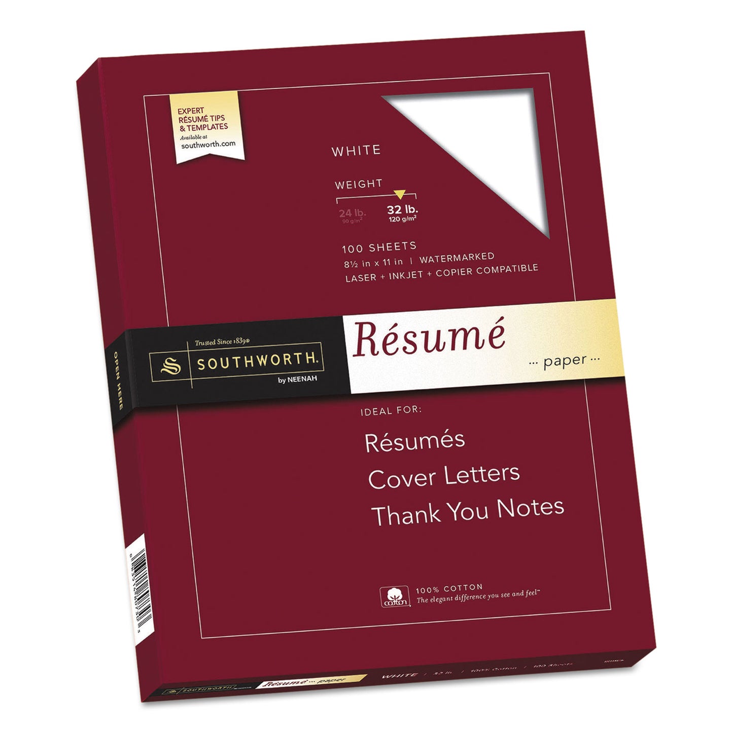 Southworth 100% Cotton Resume Paper, 95 Bright, 32 lb Bond Weight, 8.5 x 11, White, 100/Pack (RD18CF)