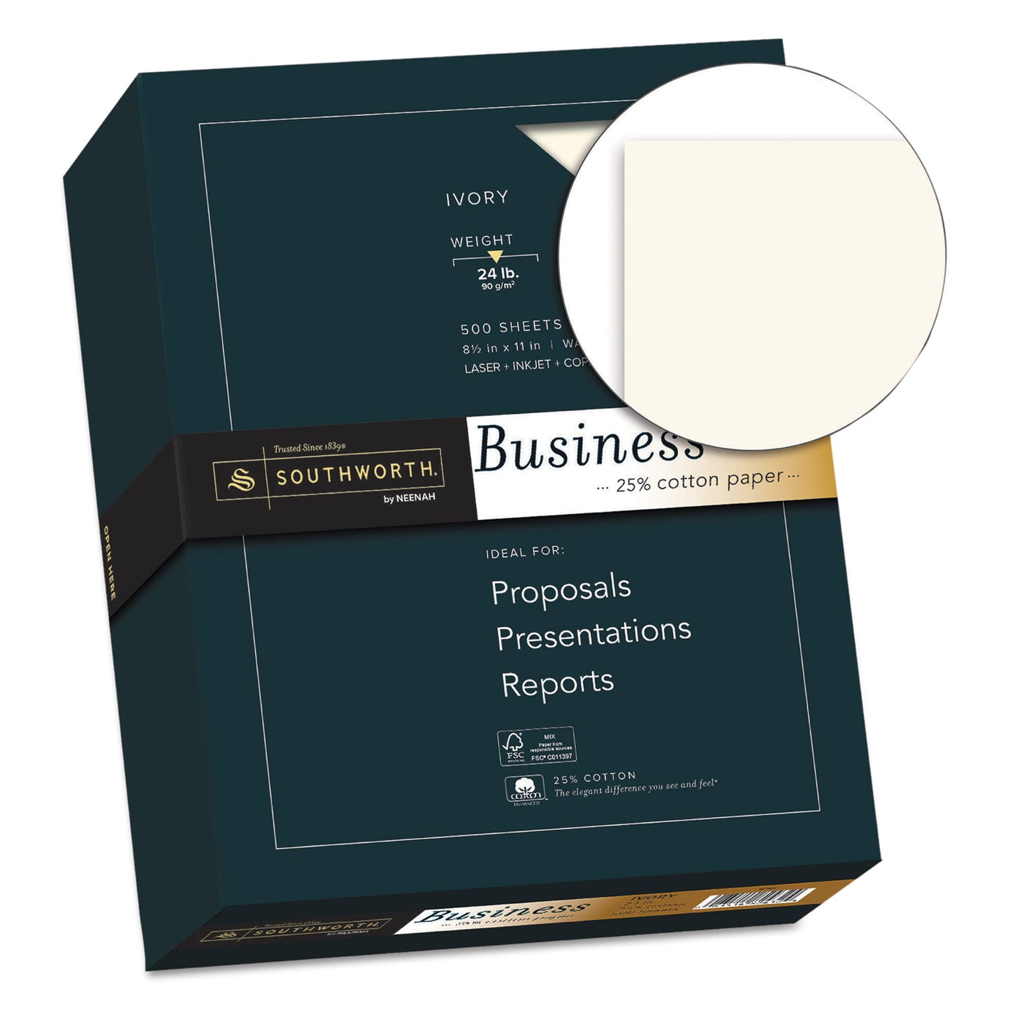 Southworth 25% Cotton Business Paper, 95 Bright, 24 lb Bond Weight, 8.5 x 11, Ivory, 500 Sheets/Ream (404IC)