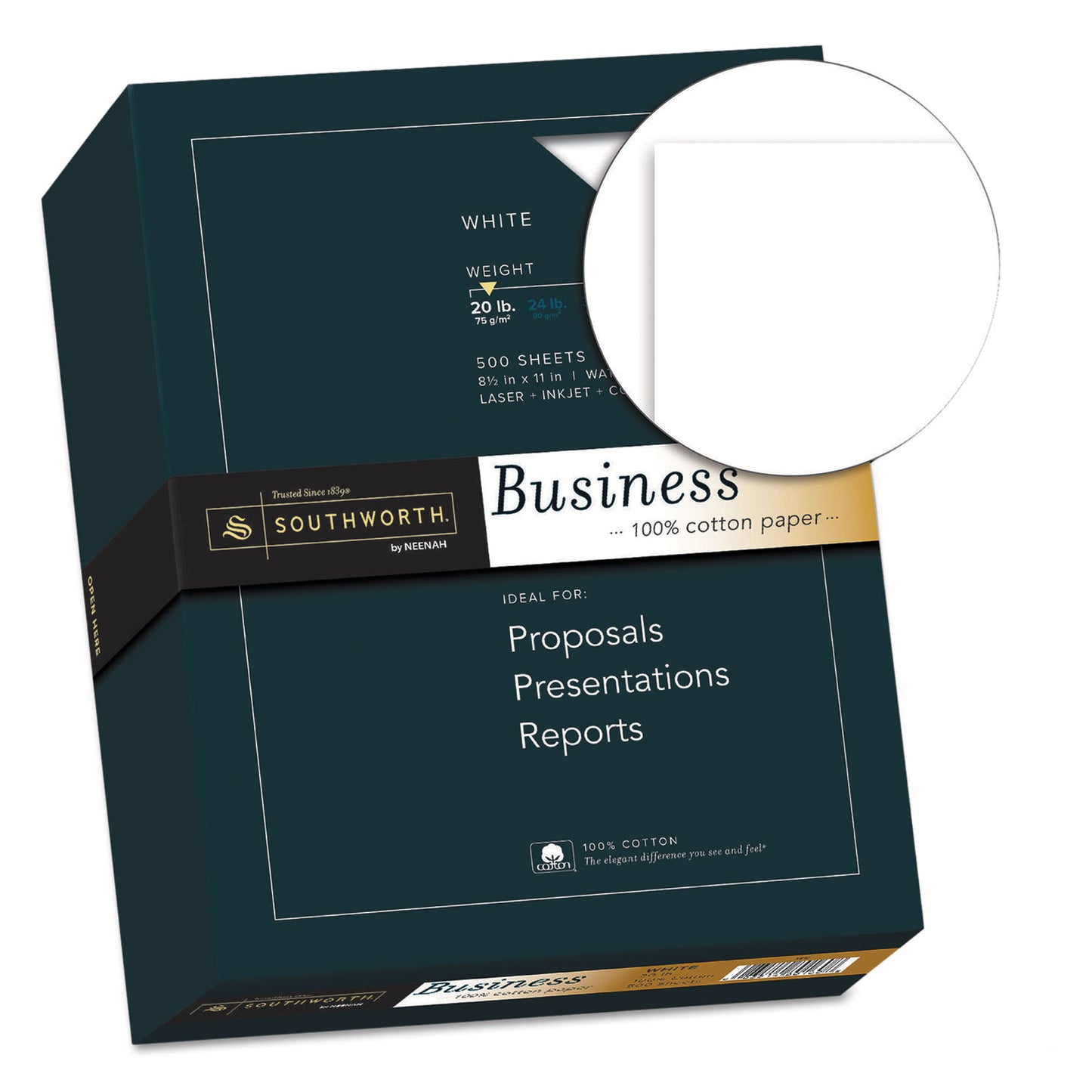 Southworth 100% Cotton Business Paper, 95 Bright, 20 lb Bond Weight, 8.5 x 11, White, 500/Ream (13C)