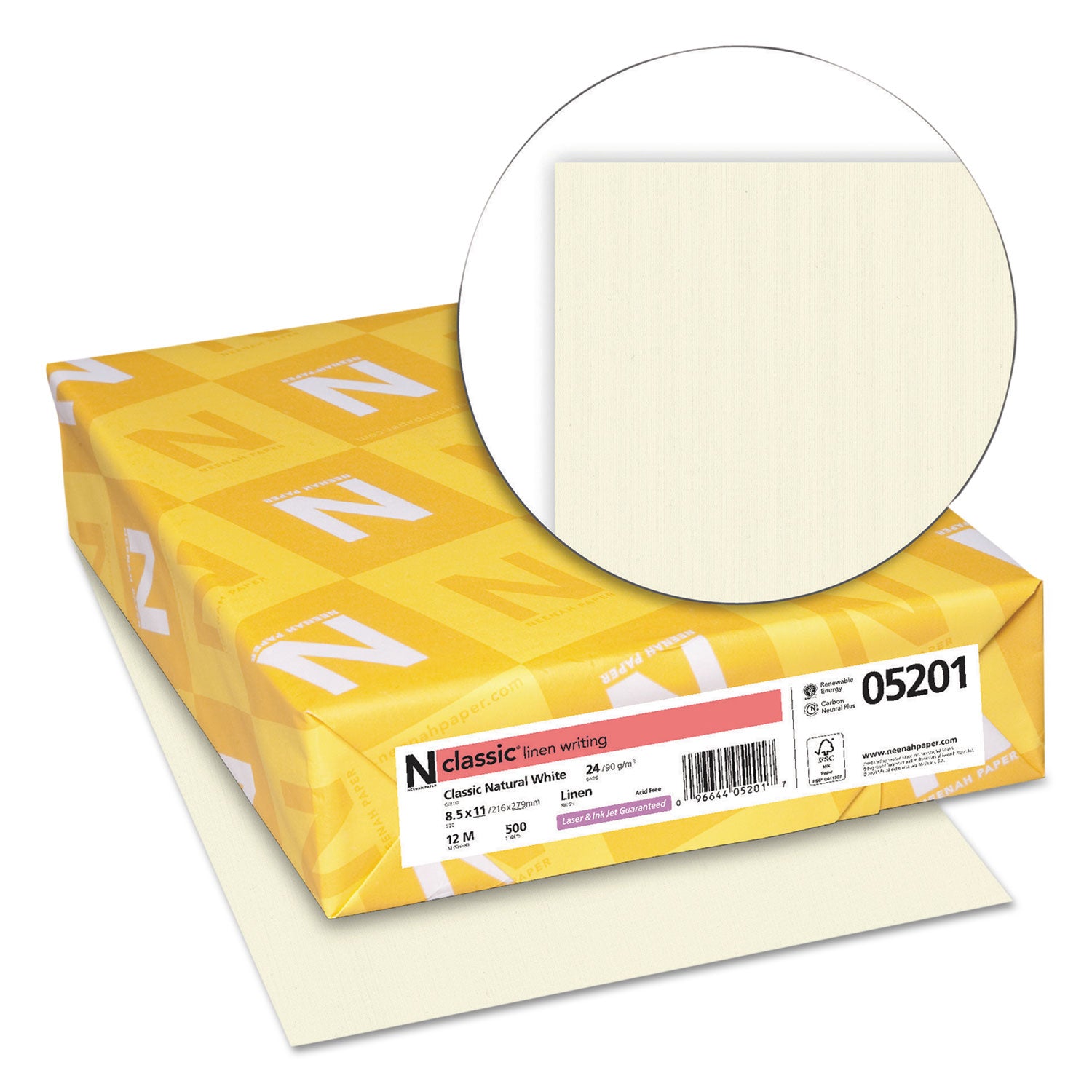 Neenah Paper CLASSIC Linen Stationery, 24 lb Bond Weight, 8.5 x 11, Classic Natural White, 500/Ream (05201)