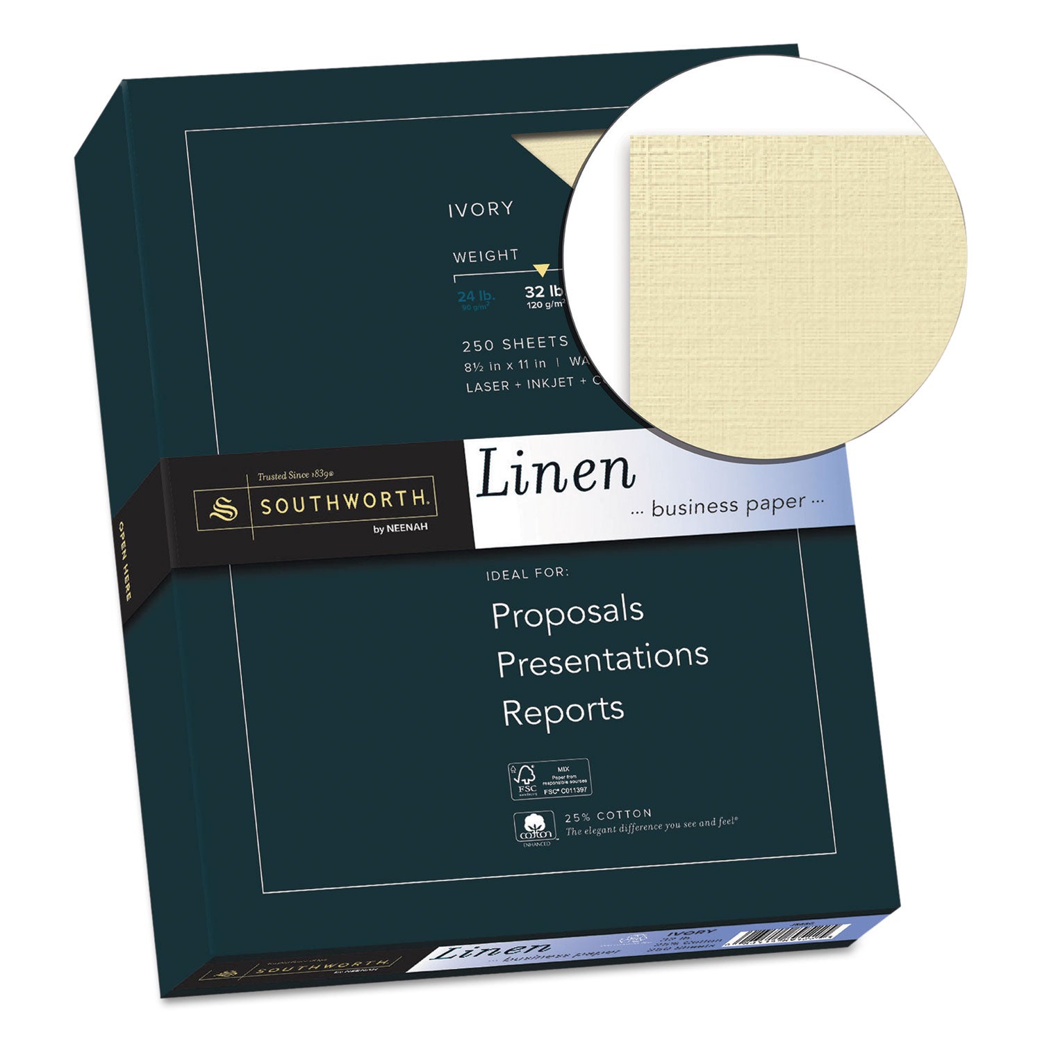 Southworth 25% Cotton Linen Business Paper, 32 lb Bond Weight, 8.5 x 11, Ivory, 250/Pack (J568C)