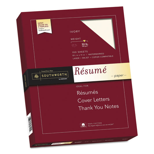 Southworth 100% Cotton Resume Paper, 32 lb Bond Weight, 8.5 x 11, Ivory, 100/Pack (RD18ICF)