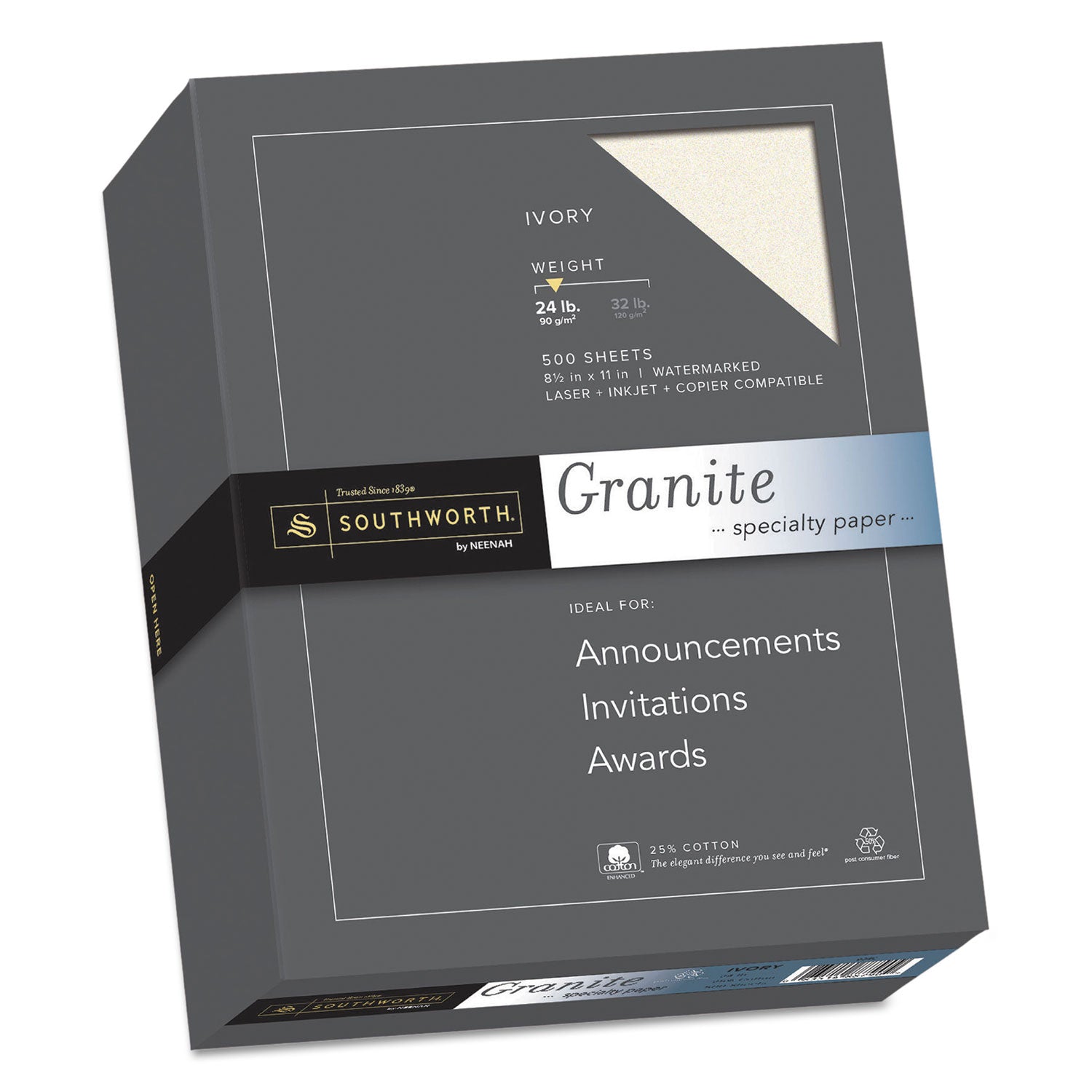 Southworth Granite Specialty Paper, 24 lb Bond Weight, 8.5 x 11, Ivory, 500/Ream (934C)