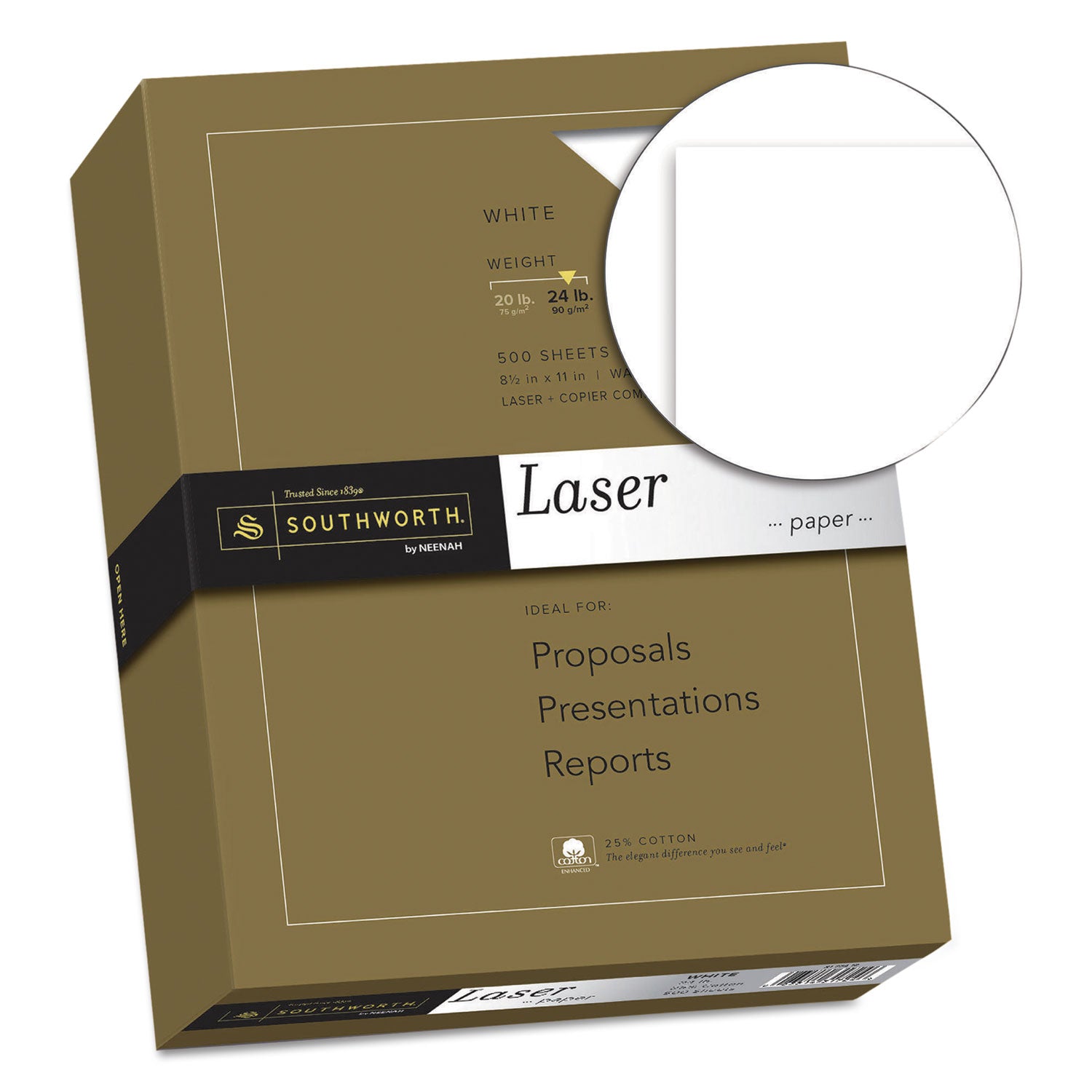 Southworth 25% Cotton Laser Paper, 95 Bright, 24 lb Bond Weight, 8.5 x 11, White, 500/Ream (3172410)