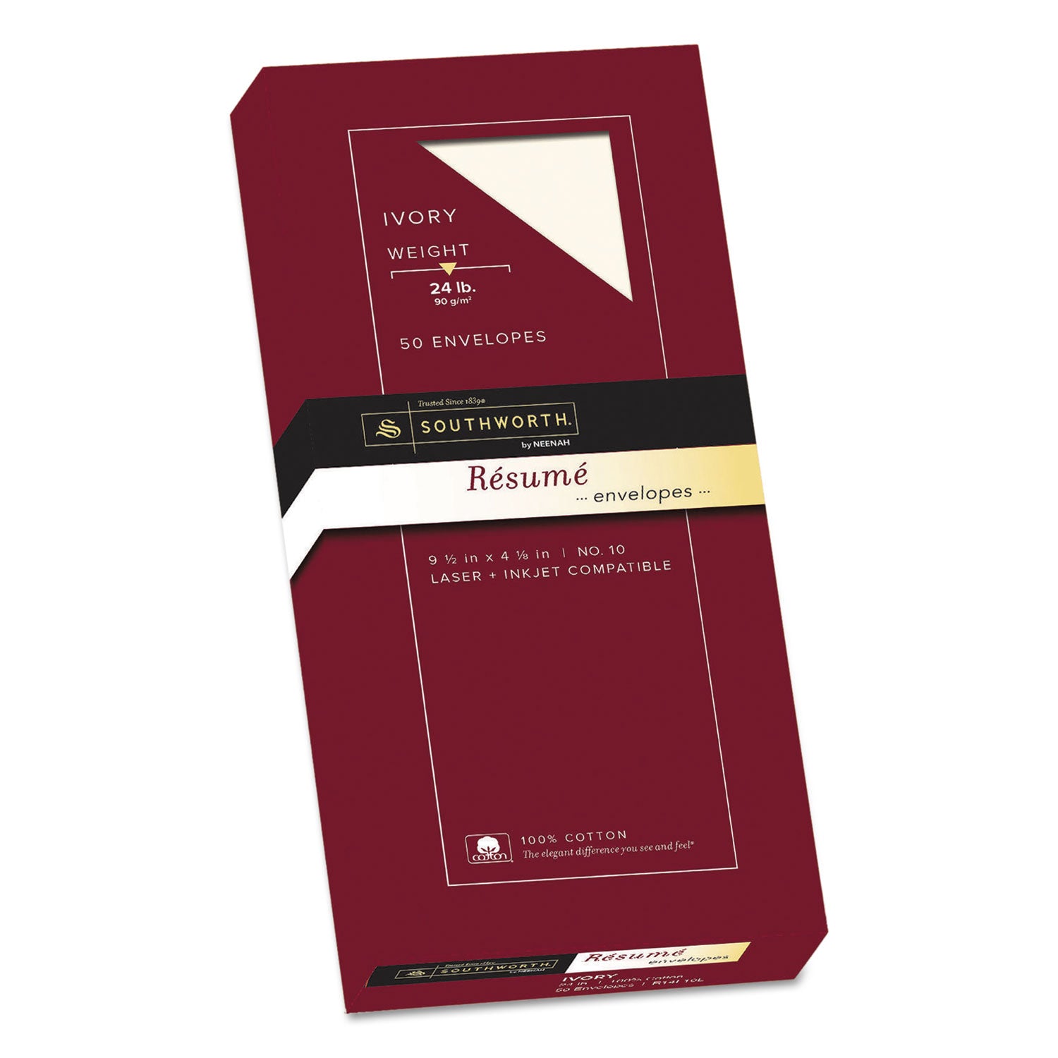 Southworth 100% Cotton Resume Envelope, #10, Commercial Flap, Gummed Closure, 4.13 x 9.5, Ivory, 50/Box (R14I10L)